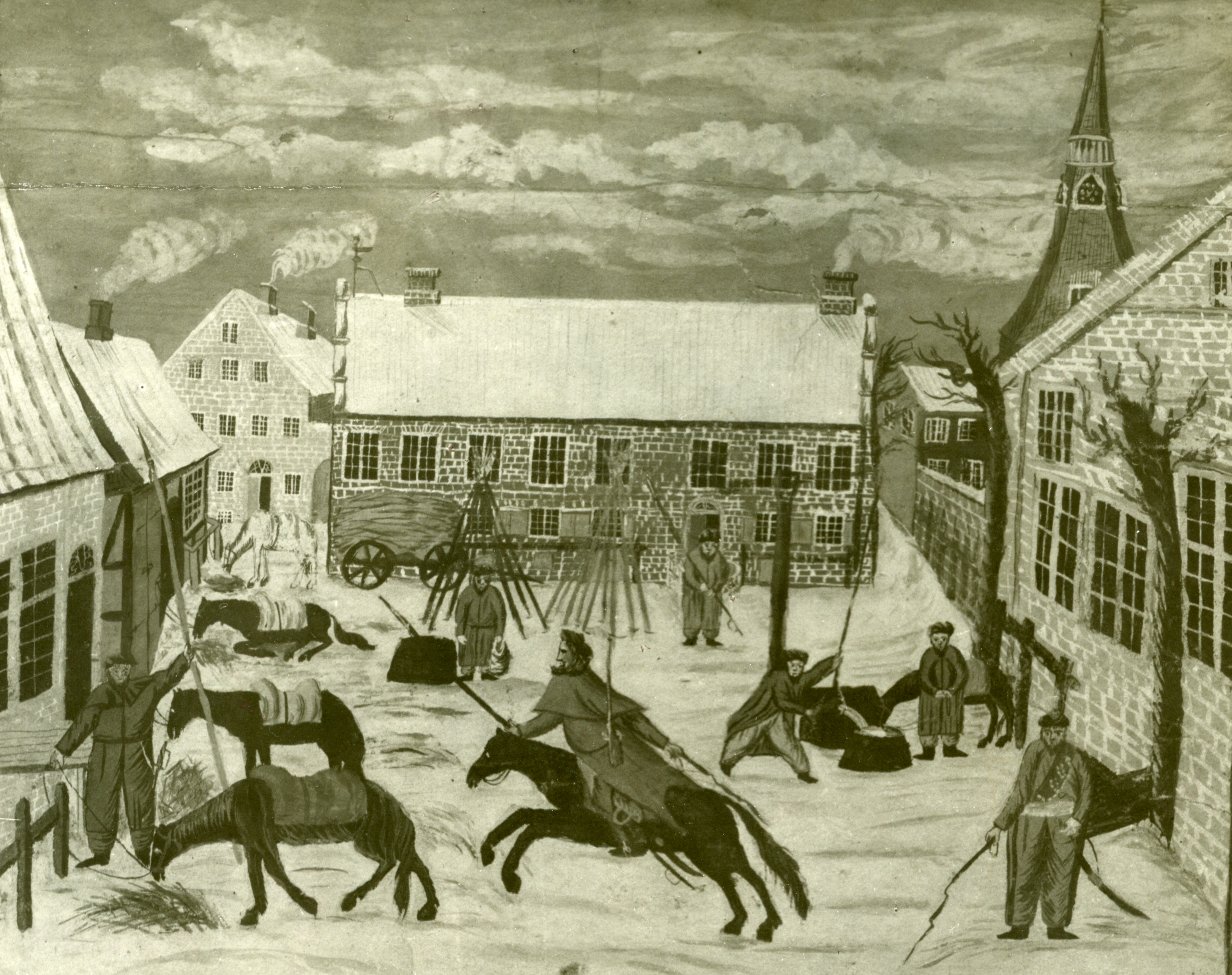 Tegning af russiske kosakker i Tønder i januar 1814. Dansk Central Bibiotek for Sydslesvig.